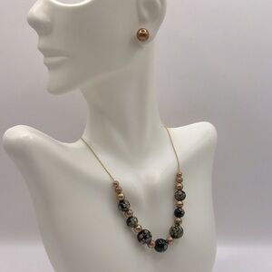 Bronze-Tone and Black Beaded Necklace and Earring Set